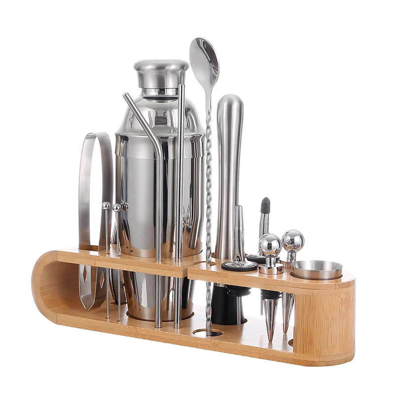 Top Seller 750 ML Professional Stainless Steel Bartender Kit Shakers Cocktail with Bamboo Frame