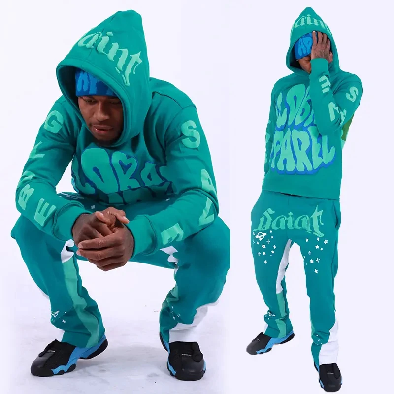 Custom Logo Men 3d Puff Print Flare Stacked Pant Hoodie Tracksuit