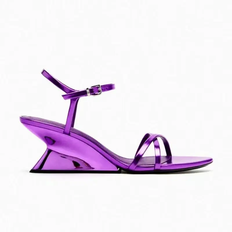 Fashion Women Shoes Elegant Heel Round Toe Purple Silver Ankle Strap Wedges High Heels Sandals - Image 4