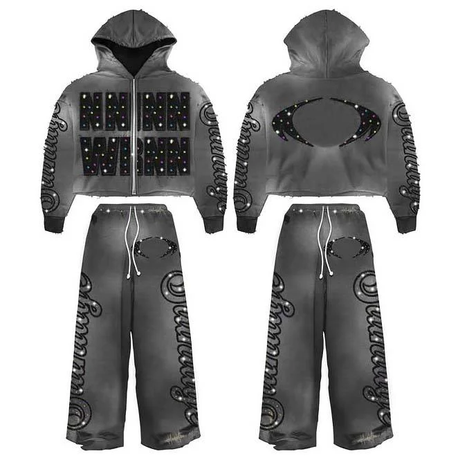 Custom Heavyweight Acid Wash Flared Sweatpants and Hoodie Sets Men Embroidery Streetwear Tracksuit Rhinestone Cropped Sweatsuit gallery 3