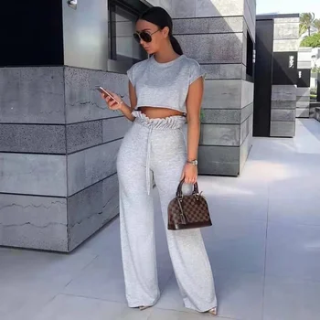 2022 New Arrivals Summer Trendy Plain Two Piece Pants Set Women Casual Cropped T Shirt And High Waist Wide Leg Trousers