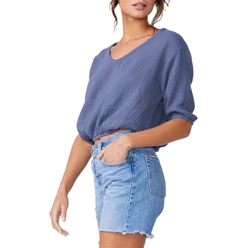 Spring Casual Design V Neck Half Sleeves Plain Texture Fabric Blouse Tops For Women