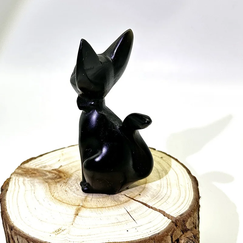 Luxury Black Cat Skulptur Aus Obsidian - Handgeschnitzt Mit Bernsteinaugen