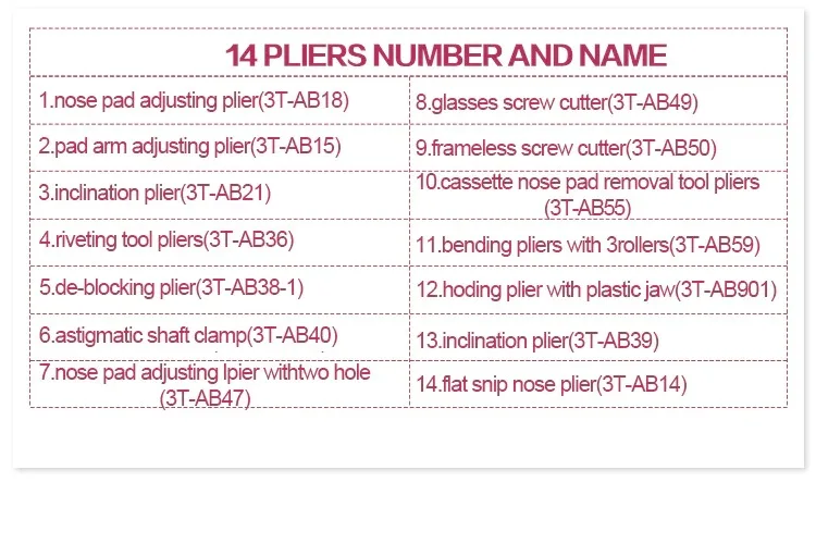 Glasses Plier Set Several Types for Option Spectacle Adjusting Plier Glasses Pliers Tool Nose Pad Arm Temple Bridge Adjustment