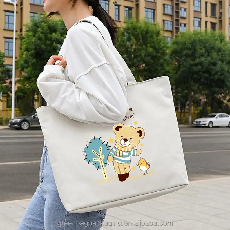 Cotton Tote Bag Zipper With Pockets Gift For Book Capacidad ...