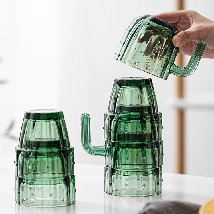 Cactus Shape Stackable Glasses Set of 4-6 Green Glass Cups for Water,  Juice, Eco-Friendly Drinkware for Home & Restaurant