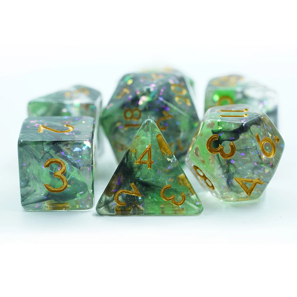 Conjunto de 7 Dados Verdes com Bordas Arredondadas em Resina 16mm para Jogo DND