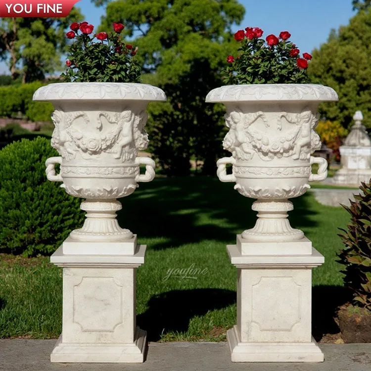 Outdoor Hand Carved Natural Stone Decorative Marble Planter Pot