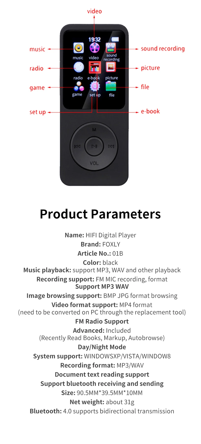 High Quality Portable BT MP3 MP4 Push Button Student Listening Music Player E-book Playback white speakers