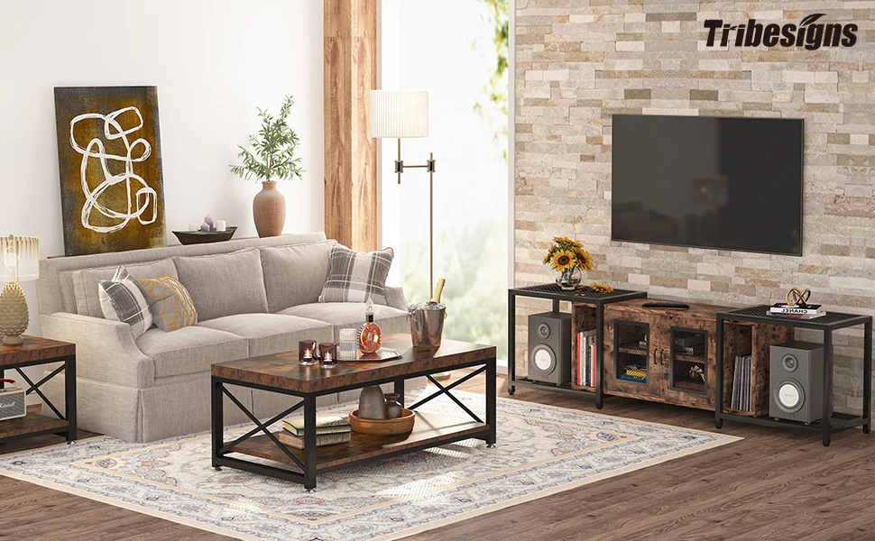 Tribesigns Rustic Industrial Wood Coffee Tea Table With Storage Shelf