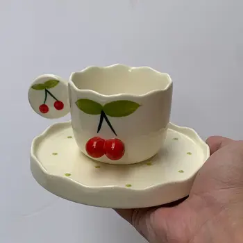 Handmade Ceramic Cherry Coffee and Milk Cup Three-Dimensional Shape Afternoon Tea Cup and Saucer Porcelain Mugs for Gifts