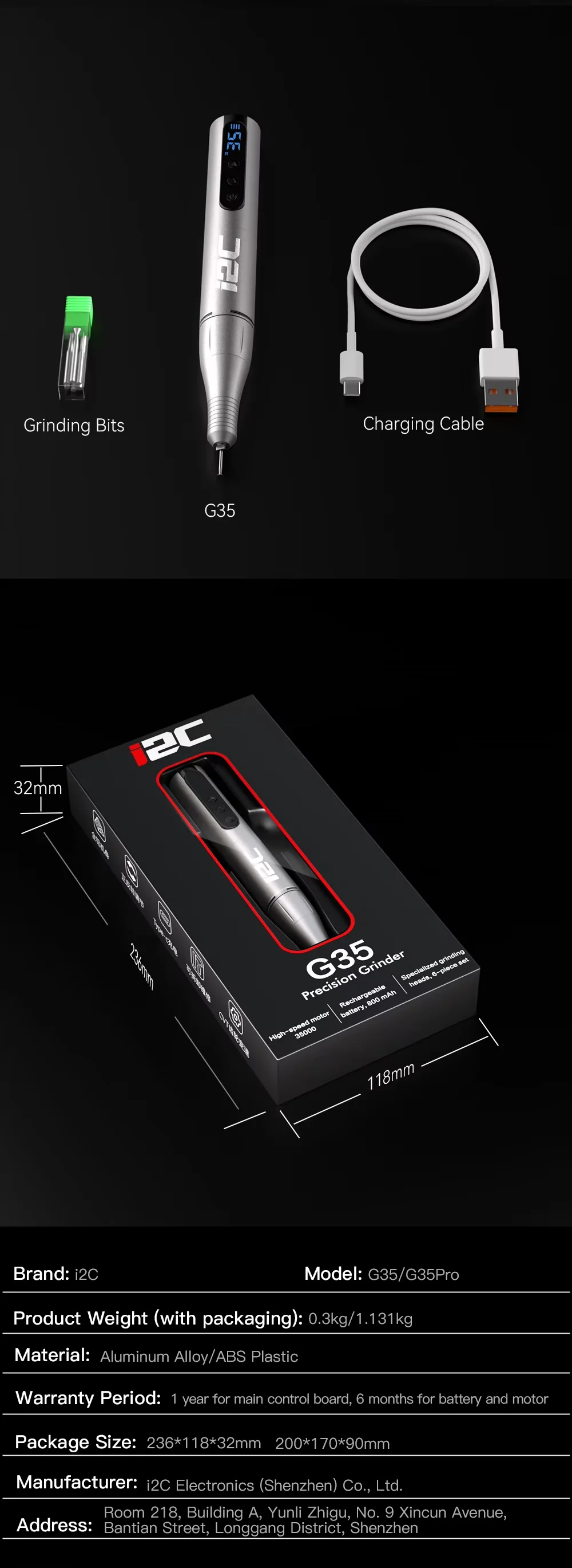 I2C G35/G35Pro Anti-Shake Wireless Grinding Pen Type-C Fast Charging Lightweight Portable for Phone Repair Polishing