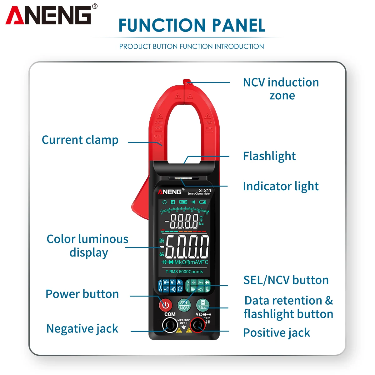 ANENG ST211 Digital Clamp Meter Multimeter 6000 Counts AC DC Voltage Current Tester Car Amp Hz NCV Ohm Big Color Screen Test