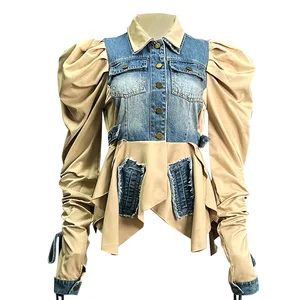 Hot Sale Fashion Ladies Denim Shirt Splicing Contrasting Color Puff Sleeve Sexy Denim Top