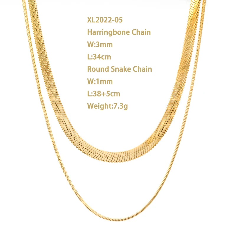 18K Gold Plated Double Layer Snake Bone Chain Necklace Snake Chain Flat Snake Gold Choker Necklace for Women Men
