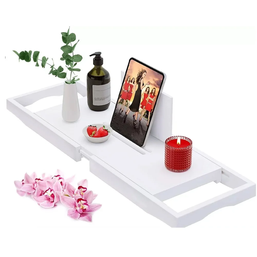 Wholesale White Bamboo Bathroom Storage Containers and Trays Adjustable Bathtub Tables
