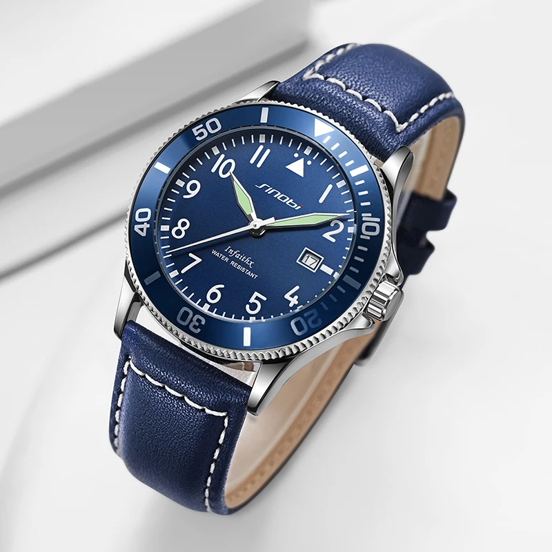 Часы наручные Sinobi S9871G мужские спортивные, спортивные роскошные светящиеся с ремешком из натуральной кожи, с календарем и циферблатом, 2023