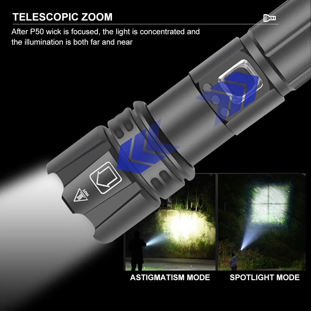 Asafee High Power Zoom P50 LED Aluminum Alloy Flashlight Strong Light Outdoor Torch with Attack Head Tactical Flashlight