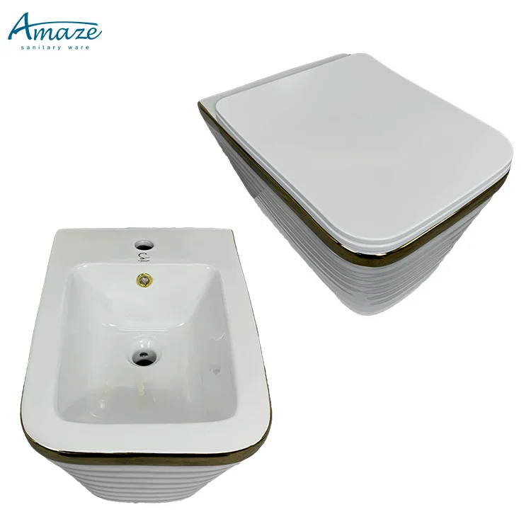 Ceramic luxury design sanitary ware european wall hung wc bathroom suites gold plating bidet toilet set manufacture