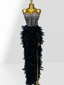 Luxurious Rhinestone Feather Strapless Long Dress Evening Performance Haute Couture Gown