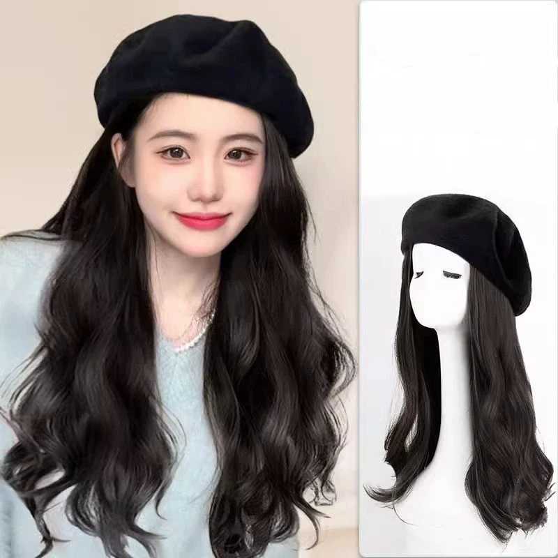 MIO Beret Hat with Curly Hair Extensions Wig Detachable  display picture 3
