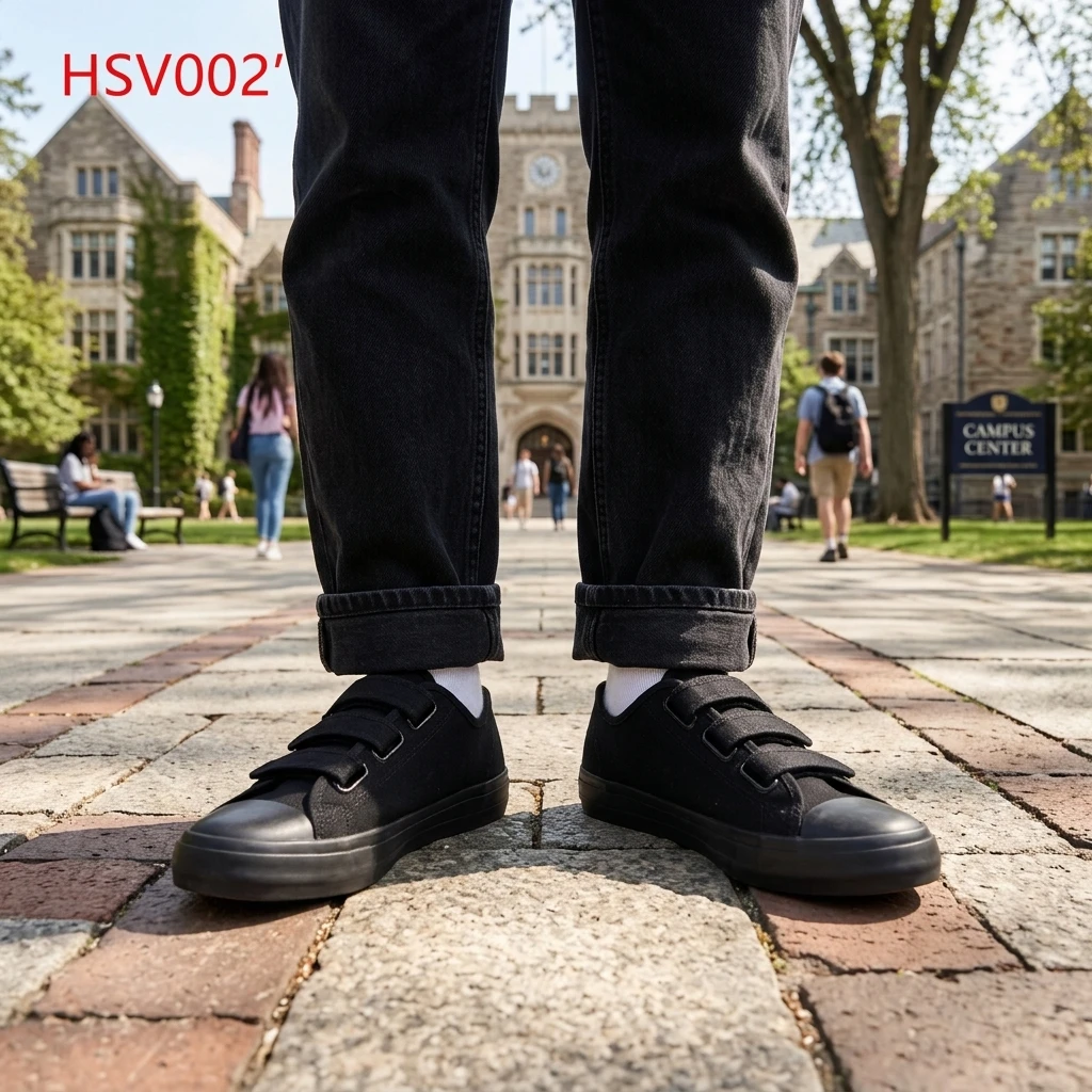 ZYF,USA Market Popular Hoop and Loop Design Durable Black/white Sneakers Wear Well Vulcanized Rubber Sole School Shoes HSV002