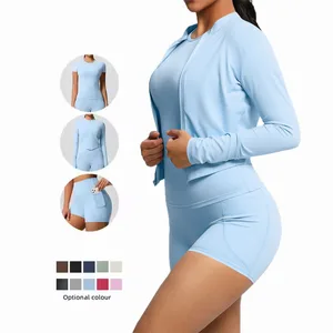 High Quality Breathable Lightweight Three-Piece Set Slimming Fitness Pants Pocket Outdoor Running Sports Jacket Short Sleeved