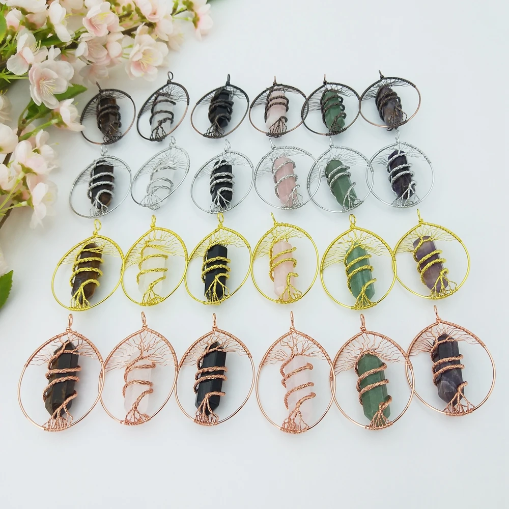 Jewelry Wholesale Tree of Life Pendant Necklace Stone Crystal Necklace  Natural Gemstone Point Wire Wrap Reiki Pendant for Women