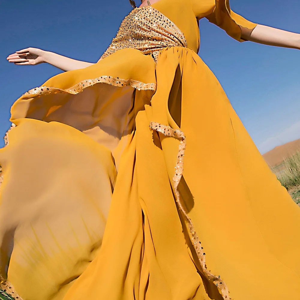 SH0100 Wholesale Orange Yellow Chiffon Sequined Swing Maxi Dress for Women  Dubai Turkey Arab National Dresses Moroccan Caftan
