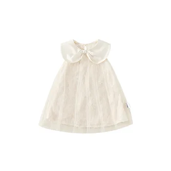 2025 Summer New Sleeveless Mesh Skirt for Girls O-Neck Bow Doll Collar Sweet Kids Clothing Princess Dress