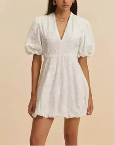 Women's Vintage Spring Autumn Fashion Dress Off-the-Shoulder Embroidered Puffed Solid Pattern Lace Short Sleeves Ruffles Button