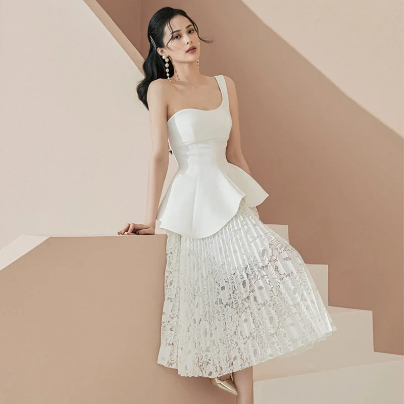open lace back dress Elegant V Neck Two Pieces Backless Mermaid Lace Top White Prom Dresses with  Slit, 2 Piece Mermaid Lace White Formal Graduation Evening Dresses main image 0