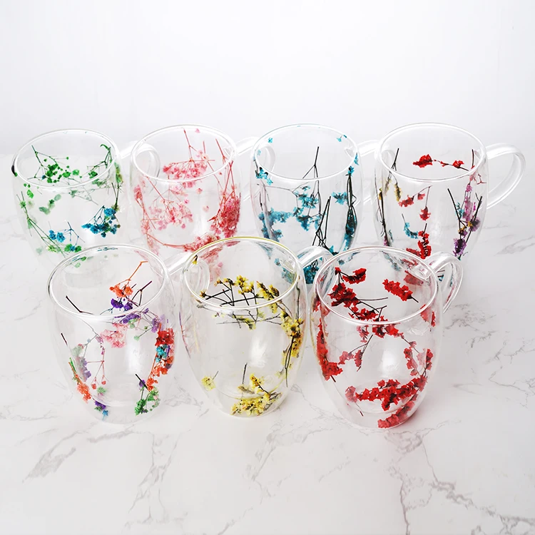 New Design Handmade High Borosilicate Creative Dry Flower Double Wall Glass Mug Cup
