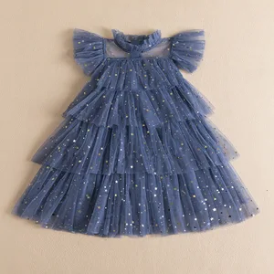 New Children's Casual Puffy Summer O-Neck Solid Fairy Princess Lace Knee-length ODM Dress for Girls