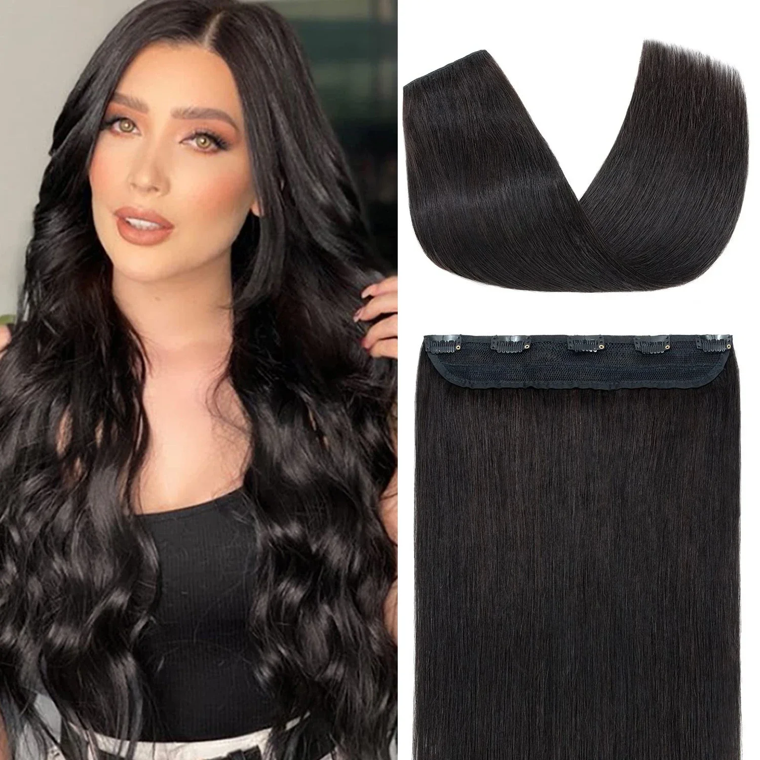 Clip in Human Hair Extensions One Piece 5 Clips 100% Real Human Hair Straight Soft Natural 120g_voghion.com