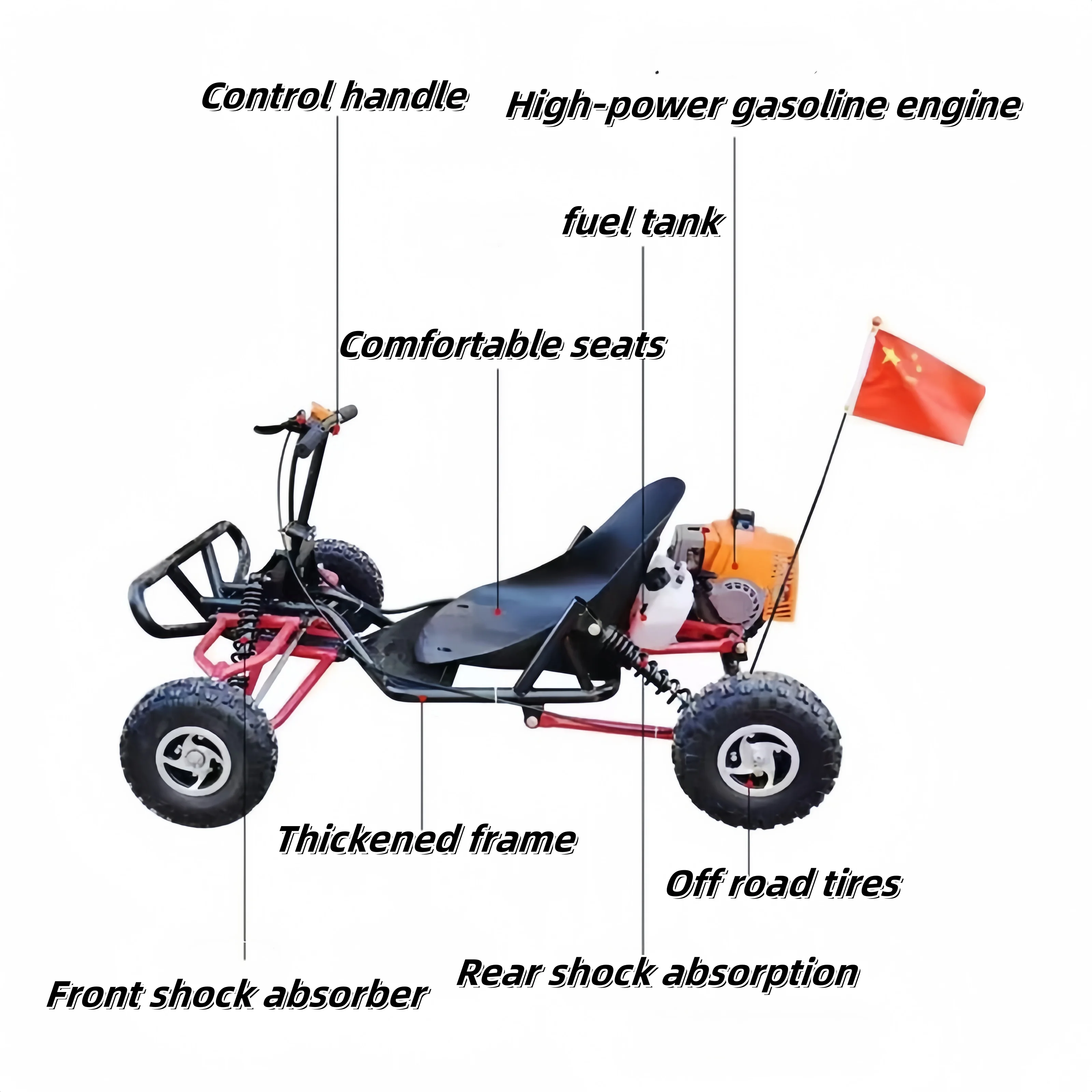 Vista frontal del mini kart todoterreno para adultos