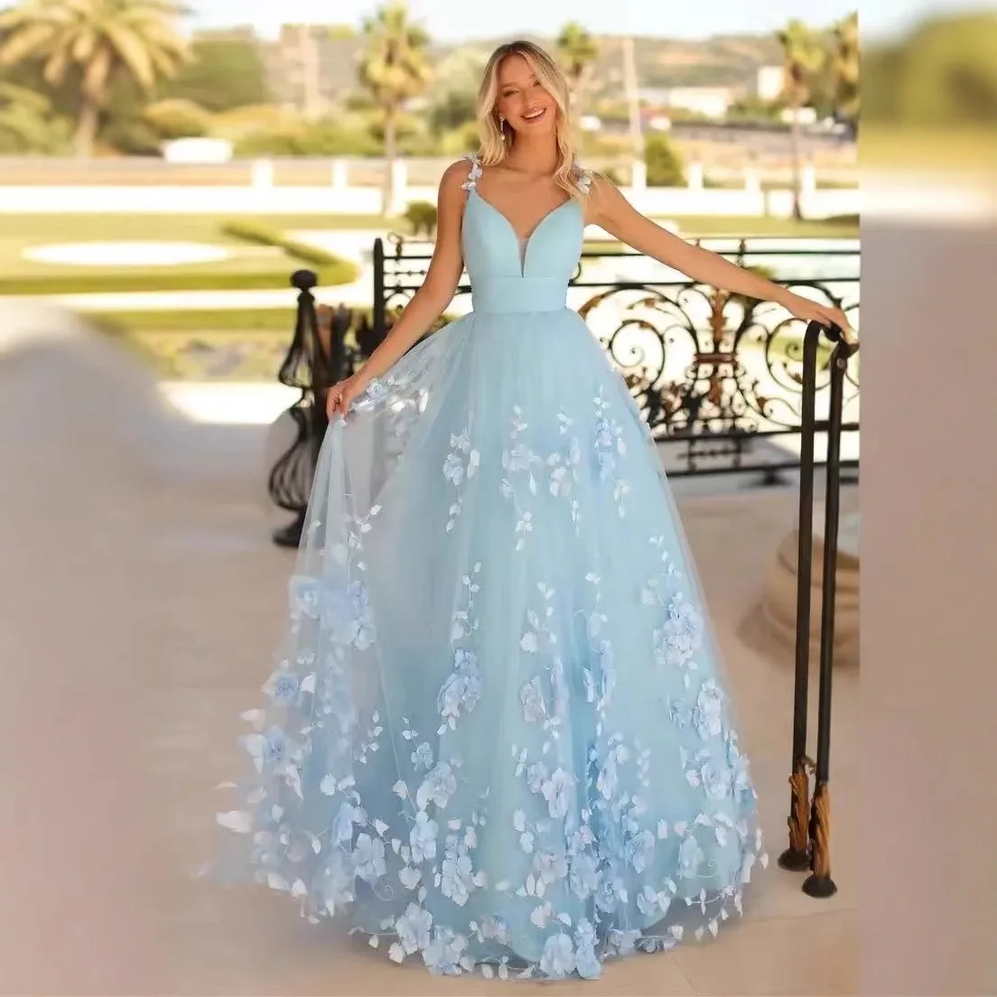 S0224a Blue Lace Decoration Modern Style Accessible Luxury For Wedding Toast Birthday Annual Party Woman Evening Dress