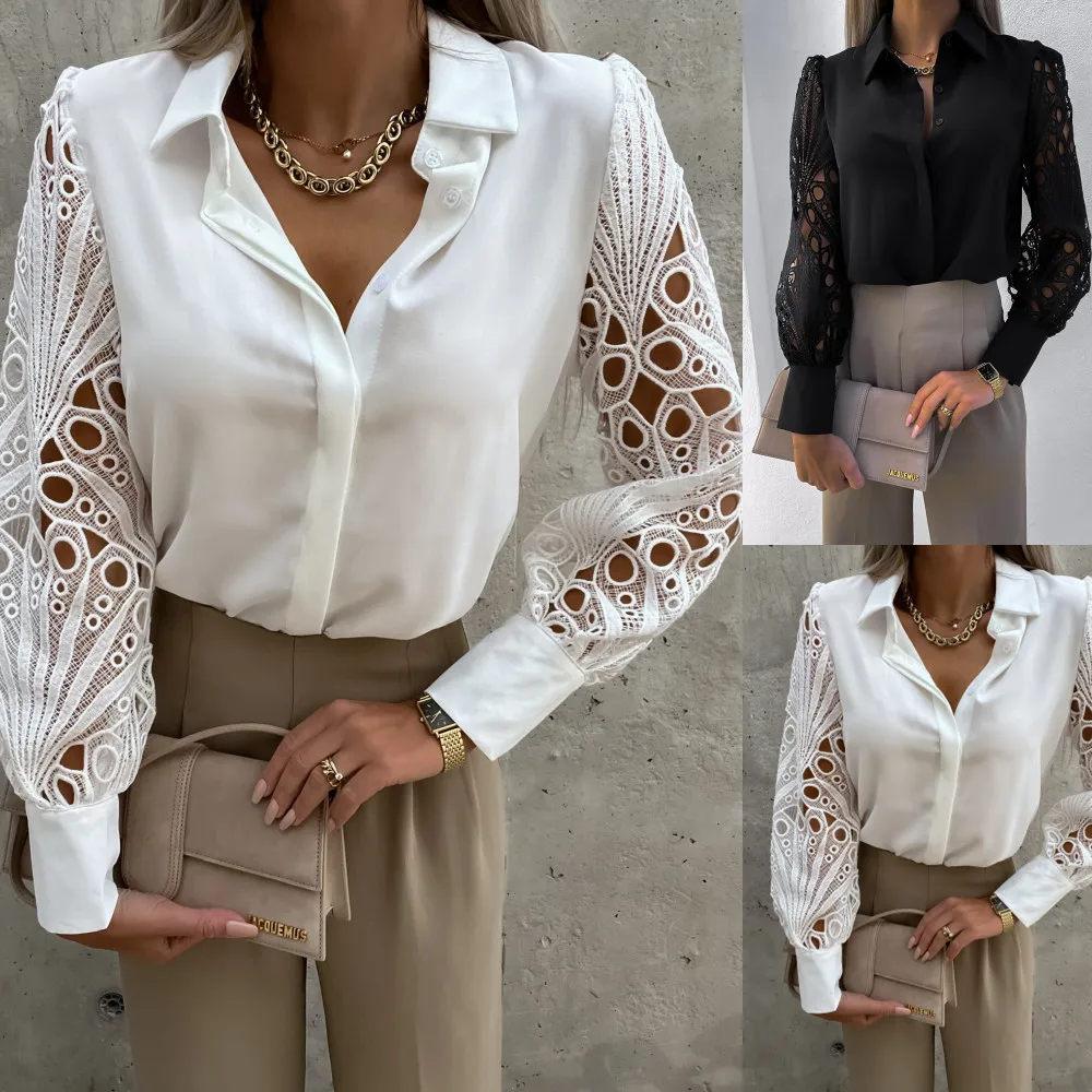 Spring Europe Women's Long Sleeve Shirt New Hot Ladies' Lace Stitching Shirt in Solid Color Shirt