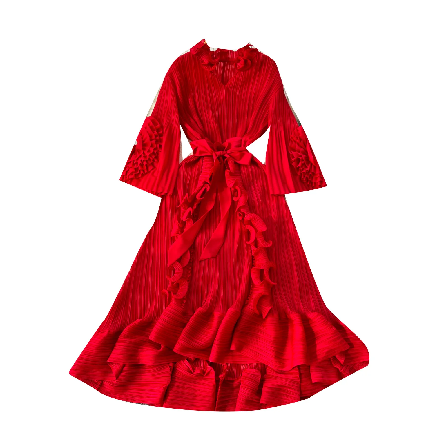 Miyake New Style Export Pleated Hand-Cranked Flower Trim Fashion Plus Size Long Dress Abaya Women Dress