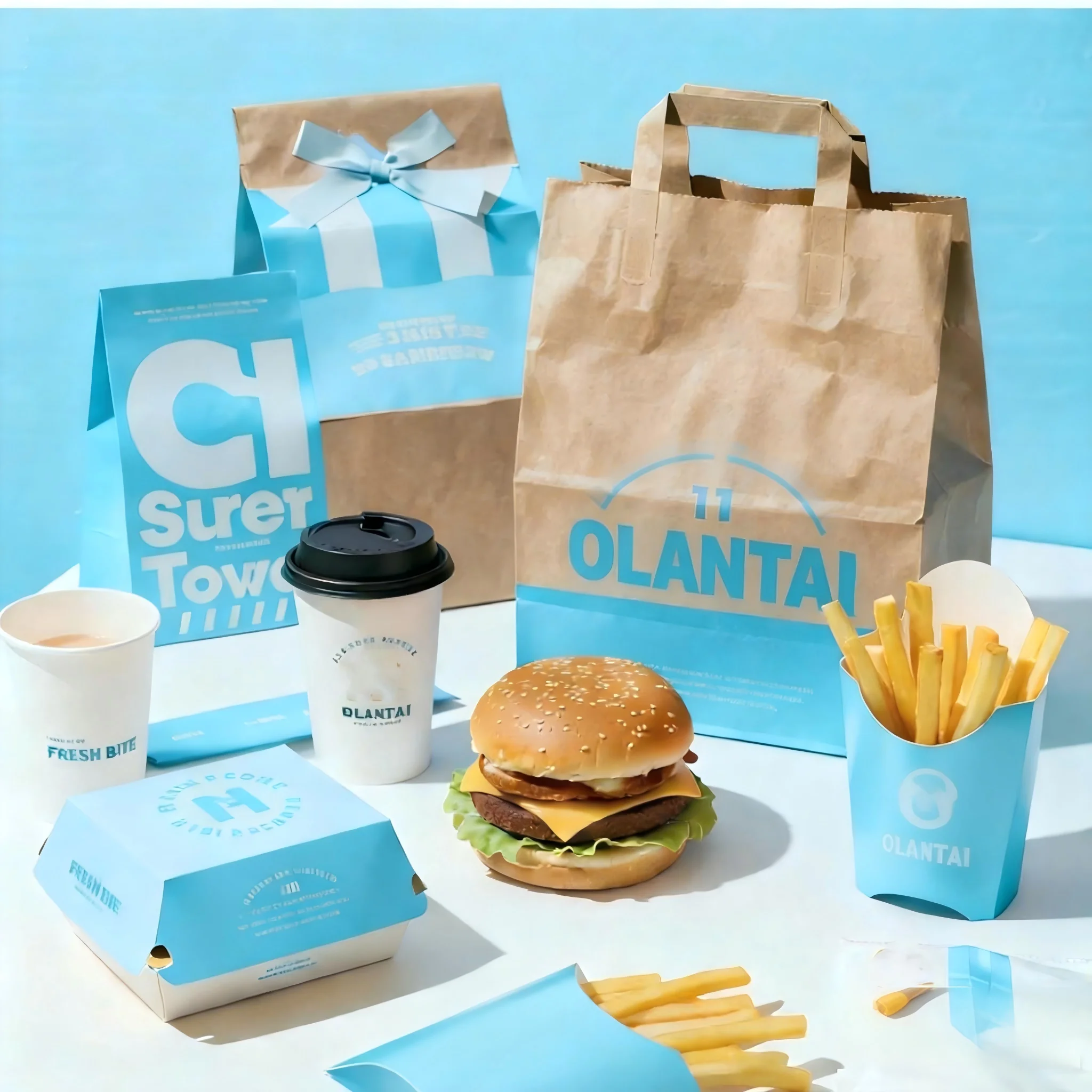 White Brown Recyclable Durable Kraft Paper Bags Lamination Custom Snack Burger Food Bag Cake Coffee Shop Takeaway Bags Handles