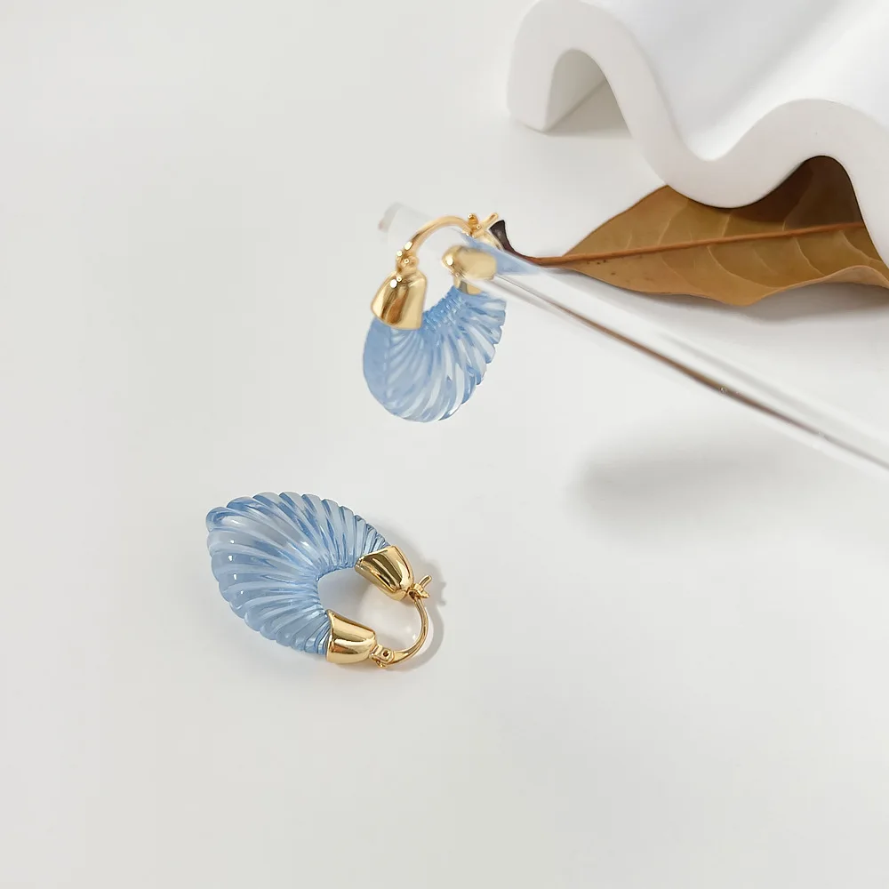 Transparent Resin Gold Metal Irregular Geometry U Shaped Hoop Earrings Blue Resin Acrylic Scallop Earrings