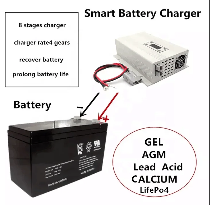 CE ROHS  Intelligent 8 Steps Charing Smart Automotive  Battery Charger 12v 24v 48v 8A 15A 20A 25A 50A