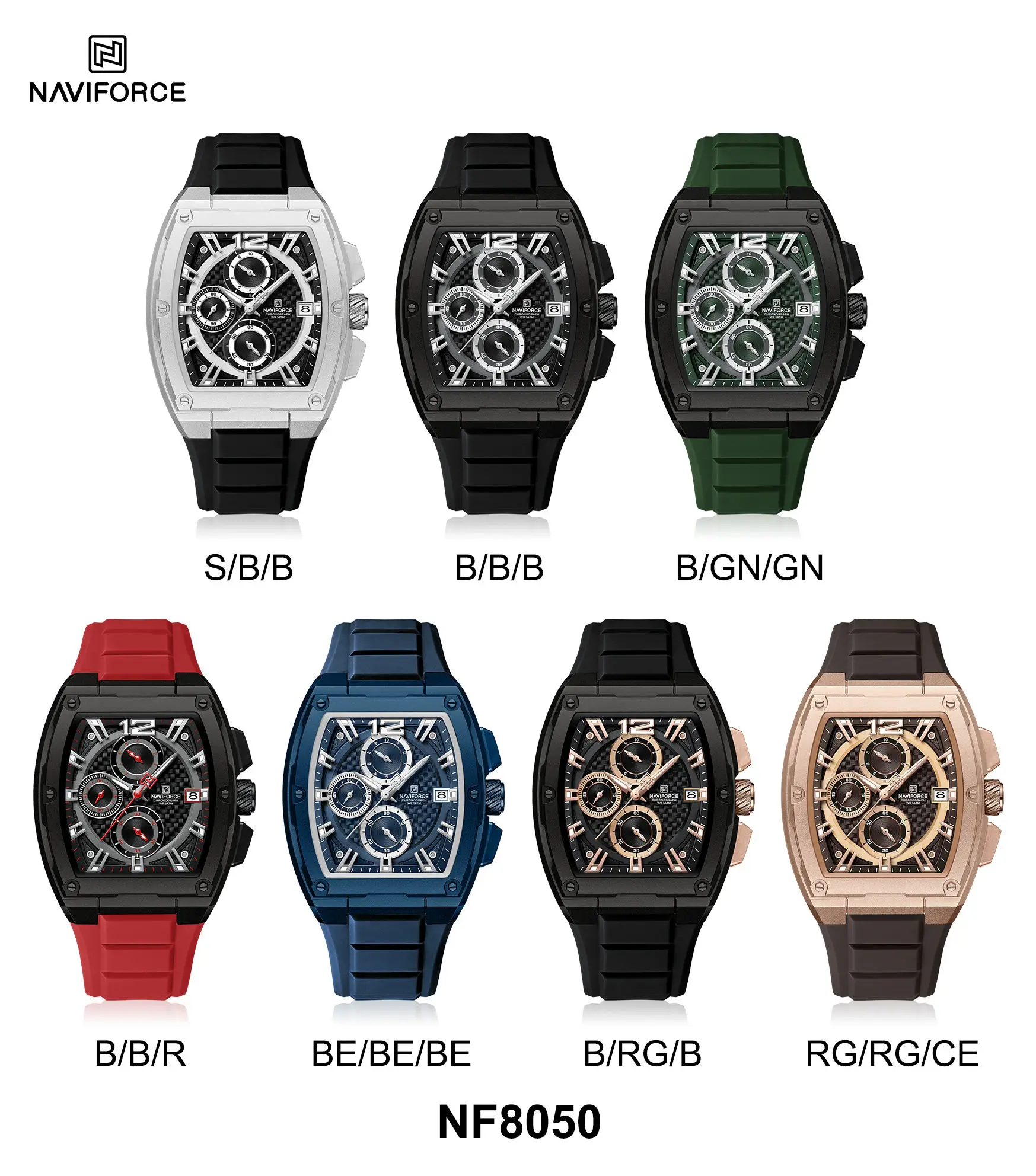 NAVIFORCE New 8050 Men Quartz Watches Sports Waterproof Silicone Strap Wrist Watch for Man Calendar Male Chronograph Clock