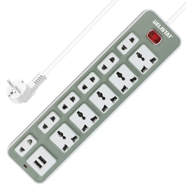 Universal Electrical Power Strip 12 outlets Multi Extension Socket with 2 USB Ports