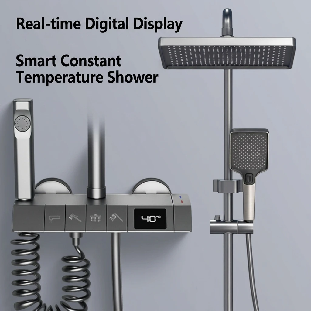 Thermostatic Shower System with Rainfall Head and Handheld Brass Bathroom Shower Faucet Set | Anti-scald protection