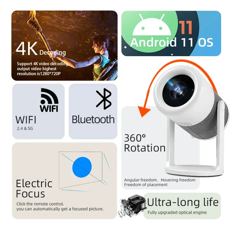 Salange P310 Android 11 Video Projector 720P 150 ANSI Lumens Electronic Focus 1GB 8GB 5G WiFi 1080P 4K 60HZ Home Theater Beamer