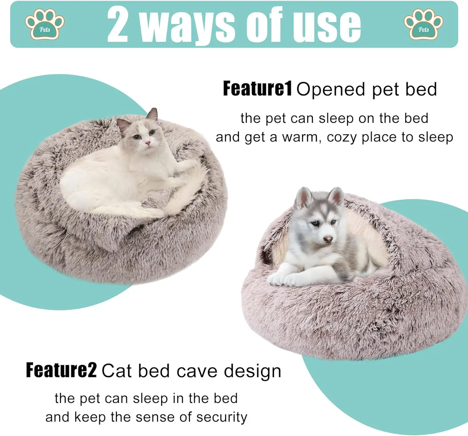 20 Inch Grey Small Dog Cave Bed Cat Bed Round Soft Plush Fluffy Dog Bed