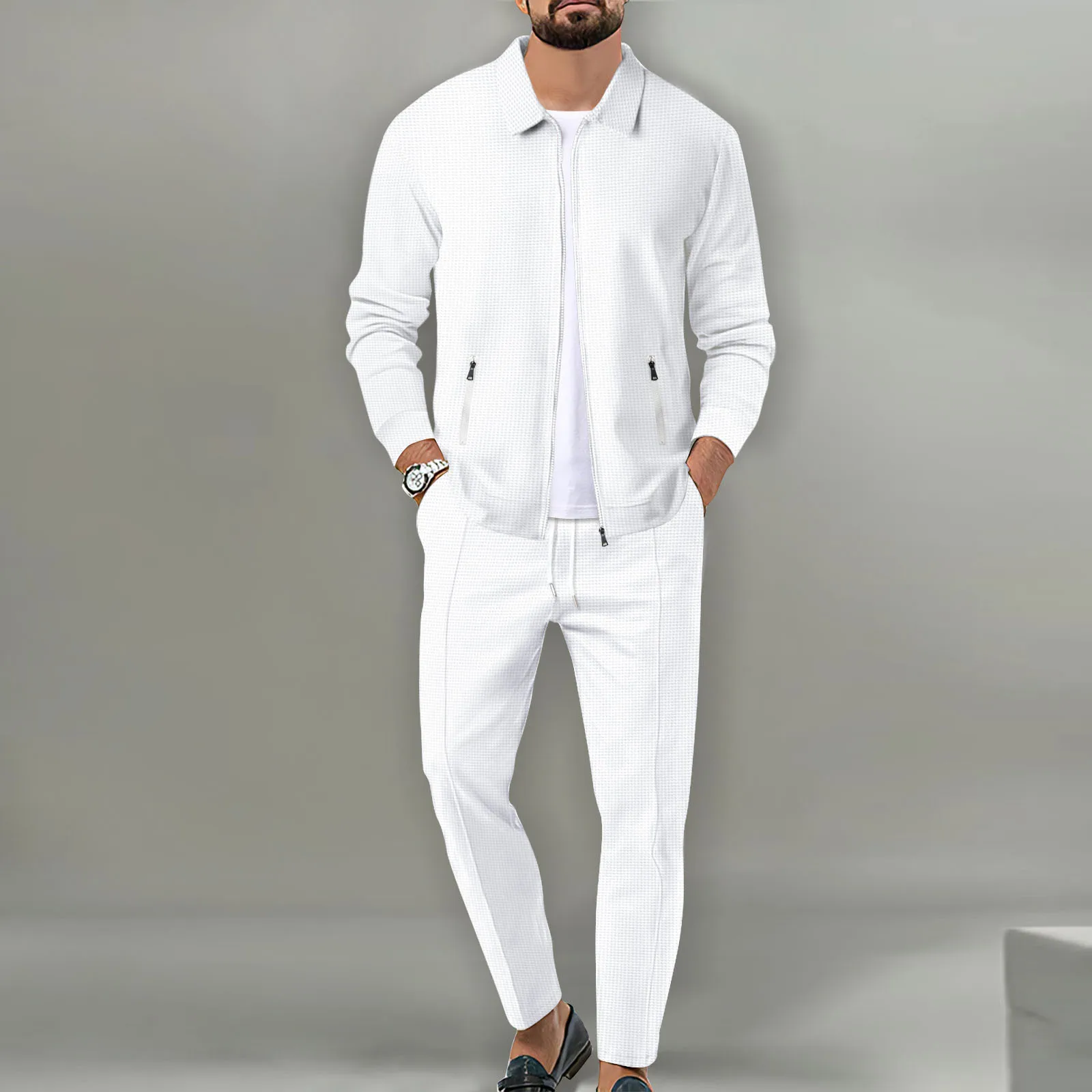Men's Waffle Zipper Pocket Flip Collar Slim Fit Cardigan Casual Jacket ...