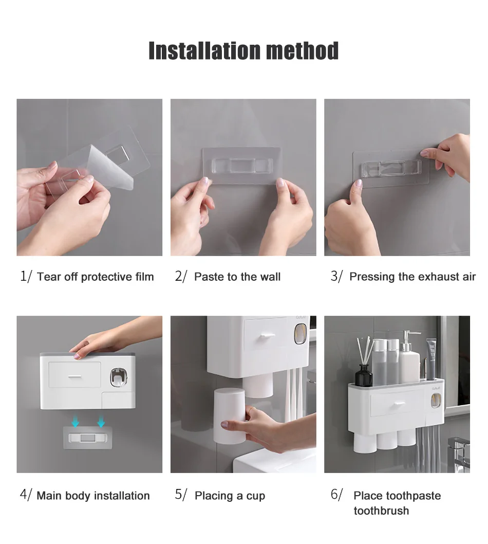 Automatic Toothpaste Dispenser Toothbrush Holder With Cups No Nail Wall Stand Shelf Bathroom Accessories Sets