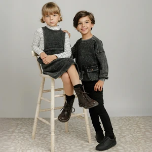 Customized Vintage French Terry Grey Acid Wash 100% Cotton Private Label Boys' Long Sleeve Pullover Polo Shirt Girls' Jumper